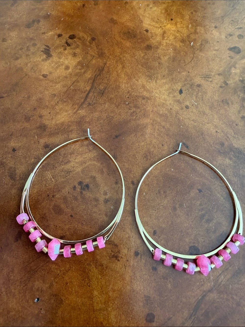 Gold Hoop Earrings with Pink Bead Accents